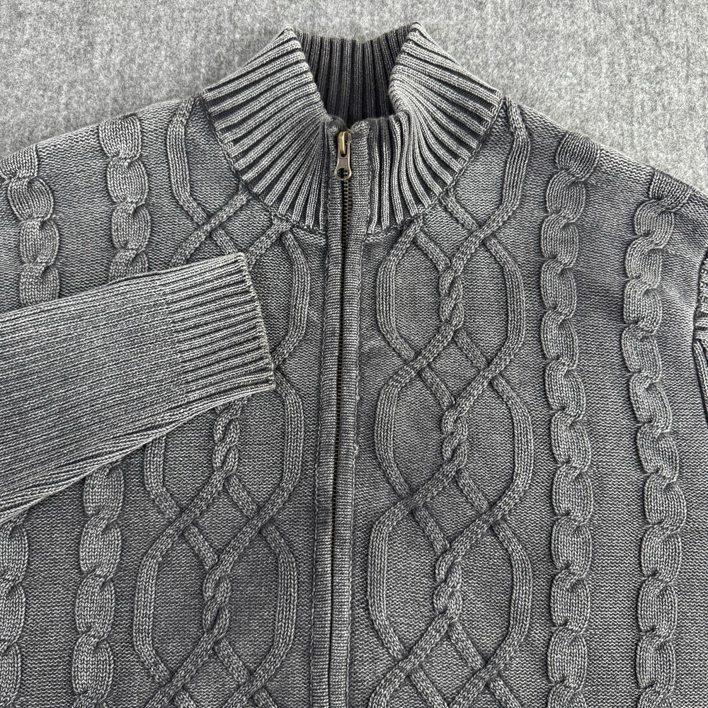 BKE Men's XL Cable Knit Full Zip Sweater Gray Black 100% Cotton Acid Wash